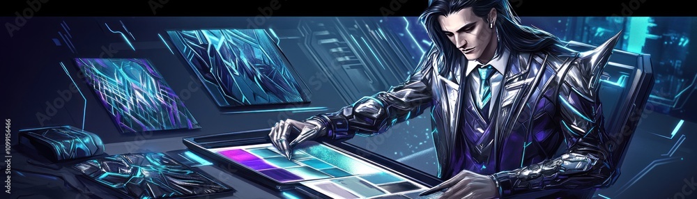 Poster a futuristic figure interacts with a digital interface, showcasing creativity and technology.