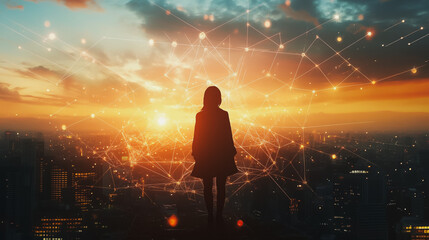 Fototapeta premium Smart digital Innovation city with connection network reciprocity over the sunset cityscape. of future wireless digital city and social media networking systems that connects people with in city