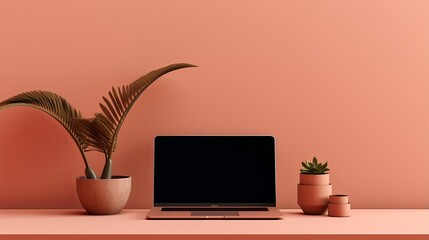 A laptop computer sits on a desk with a potted plant and succulent on either side, against a coral wall.