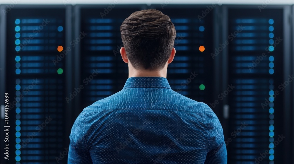 Poster fiber optic installation concepts. a person stands in front of server racks, focusing on technology 