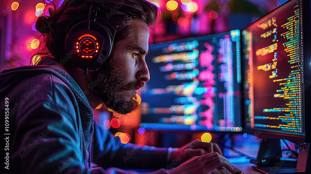 Poster A male coding on a high-end gaming setup at night, surrounded by colorful RGB lighting from his keyboard and PC tower. The screen displays lines of code, with gaming accessories.