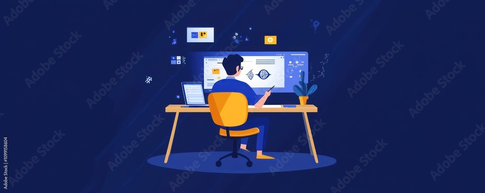 Aufkleber a person working at a desk with a computer, focused on design and creativity.