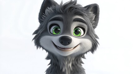 Fototapeta premium Cute Cartoon Wolf Happy Gray Furry Animal Face