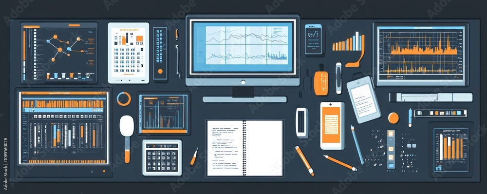 Poster a digital workspace featuring graphs, charts, and tools for data analysis and productivity.