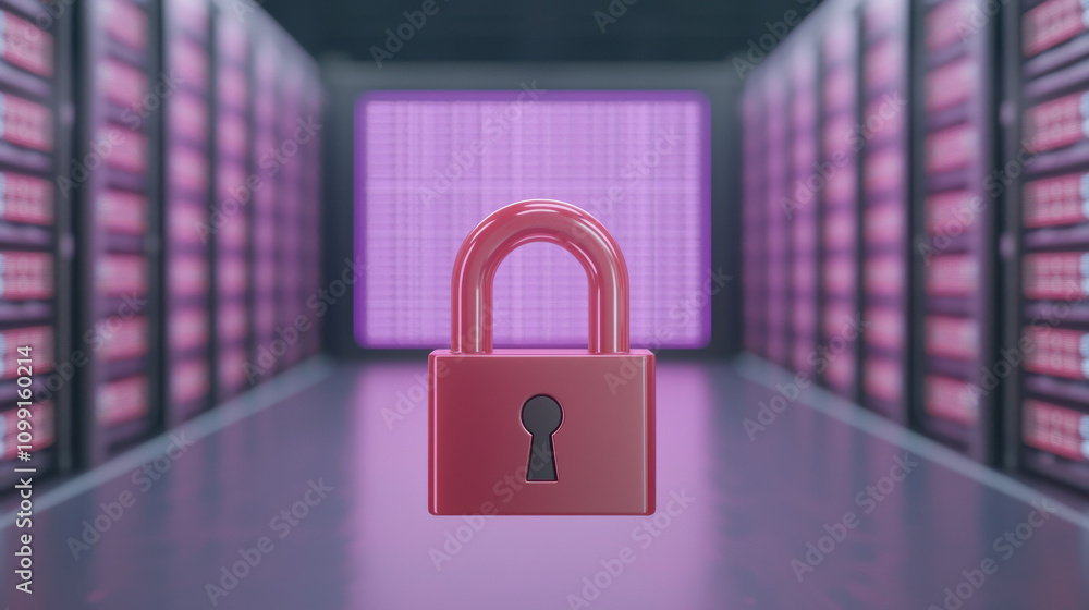 Poster lock in center of digital database, symbolizing security and protection. vibrant background enhances