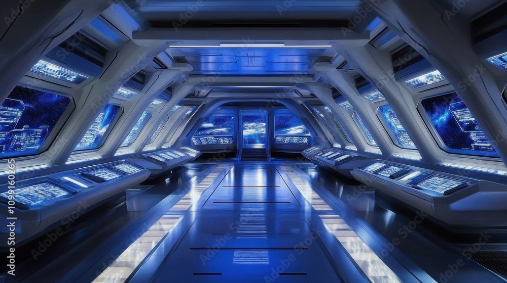 Poster futuristic corridor with sleek design and glowing interfaces.