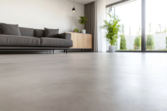 Stylish light gray microcement floor with modern furniture and plants