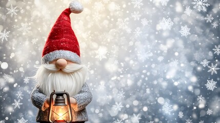 Christmas Gnome Holding A Lantern In Snowy Scene
