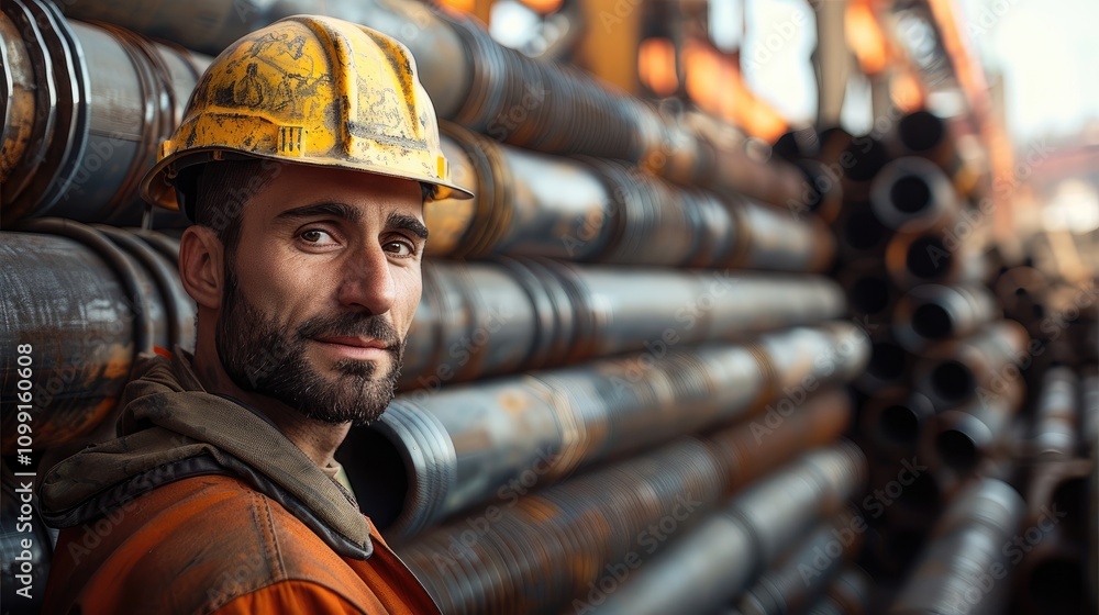 Aufkleber A construction worker actively interacting with materials on-site. Behind him, there is a stack of steel pipes. The worker, wearing typical construction gear, and the industrial setting.