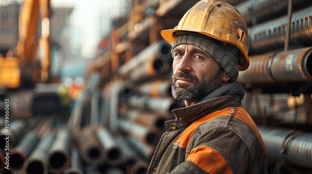 Aufkleber a construction worker actively interacting with materials on-site. behind him, there is a stack of s