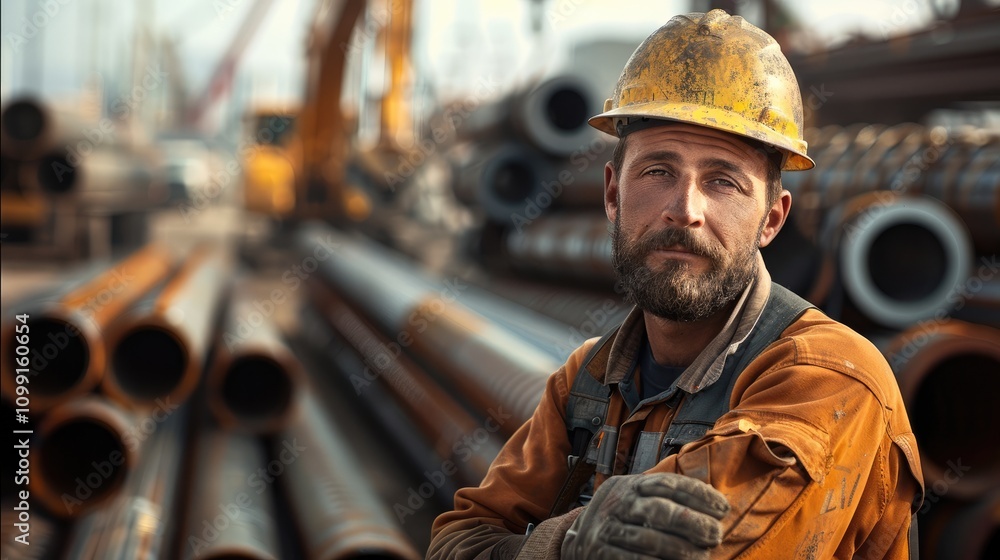 Aufkleber a construction worker actively interacting with materials on-site. behind him, there is a stack of s
