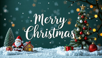Christmas holiday background photography with white Handwriting thin Letters Merry Christmas over Christmas background with small snow Christmas tree, small houses, santa claus gifts and ball