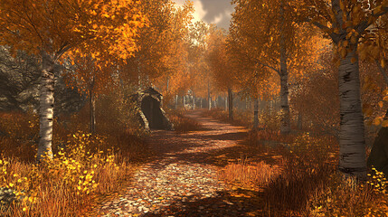 A rustic woodland path surrounded by trees dressed in warm autumn hues, with a cozy and natural ambiance. 