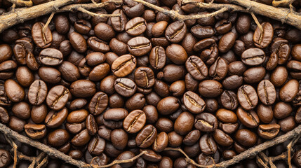 Fototapeta premium Rich coffee beans surrounded by natural roots create warm, earthy composition. This close up showcases texture and color of beans, perfect for coffee lovers