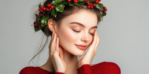 Naklejka premium Woman with Holly Wreath.