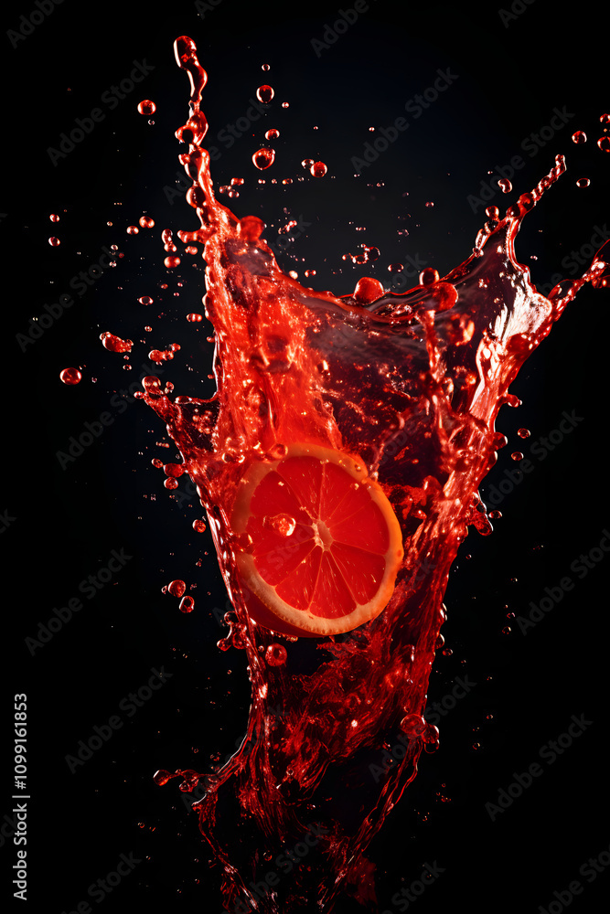 Poster a splash of red liquid with a citrus slice, creating a vibrant and refreshing visual.
