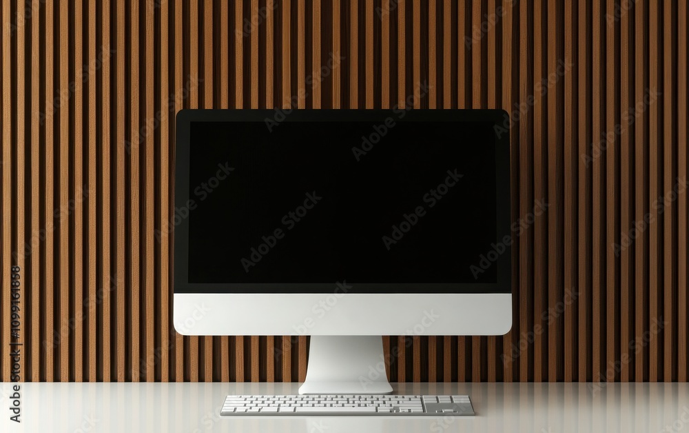 Wall mural A clean, minimalistic front view of a modern computer on a white tabletop, with a black screen and a wooden wall with vertical slats behind it, designed for a modern home office mockup style 