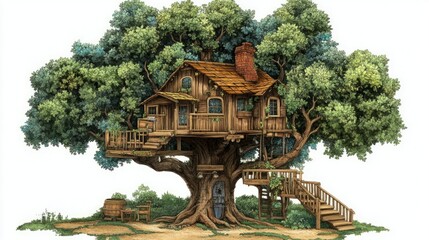 Fototapeta premium Rustic treehouse nestled in lush greenery. Wooden structure with stairs, offering a whimsical, fairytale-like setting.
