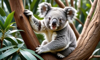 Fototapeta premium Adorable koala climbing in lush greenery surrounded by eucalyptus leaves