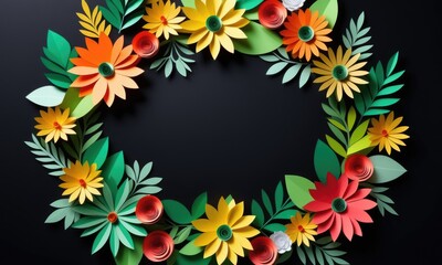 Fototapeta premium Colorful paper flower wreath with leaves on dark background