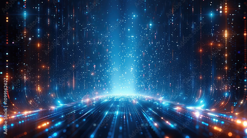 Poster Blue background with glowing lines and stars, data flow concept. Abstract digital technology illustration of futuristic space with light streaks and vertical streams.
