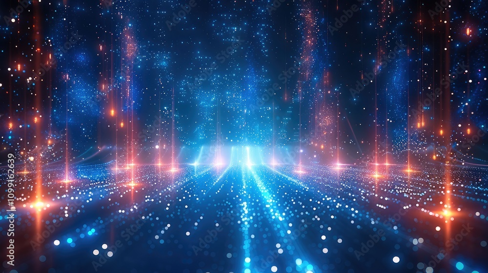 Poster Blue background with glowing lines and stars, data flow concept. Abstract digital technology illustration of futuristic space with light streaks and vertical streams.