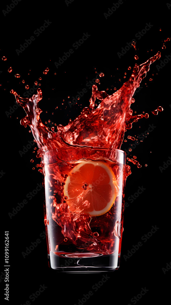 Aufkleber a splash of vibrant red liquid in a glass with a slice of lemon, creating a refreshing scene.