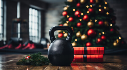 Dumbbells and a gift under the Christmas tree.