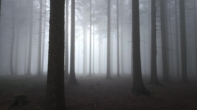 Mysterious forest covered in fog. Tall slender trees emerging from the white void. Horror first person shot, running through a dark forest