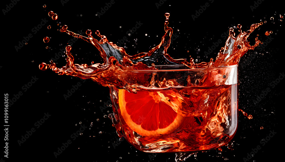 Poster a splash of vibrant red liquid with an orange slice, showcasing dynamic motion and freshness.