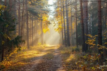 Obraz premium Sunlit autumn forest path. Perfect for fall themes, nature, and tranquility; evokes peace and serenity.