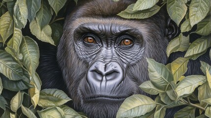 Portrait of a Gorilla Among Leaves in Nature