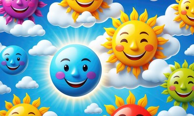 Naklejka premium Colorful smiling suns and clouds in a blue sky cartoon pattern