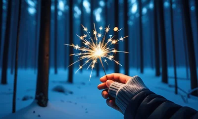 Hand holding sparkler in snowy forest during twilight sparkle