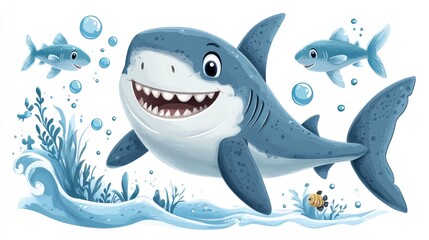 Obraz premium Happy Shark Swims in Ocean With Smaller Fish
