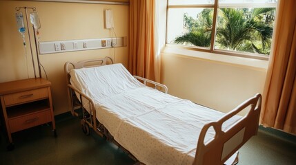 Hospital room with patient bed healthcare facility interior design calm environment natural light healing concept for wellness