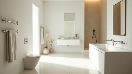 Modern Minimalist Bathroom Suite with Soft Lighting, Natural Tones, and Contemporary Aesthetic Design Details