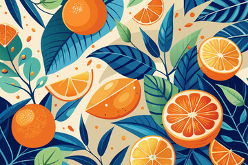 Seamless pattern featuring oranges and blue leaves