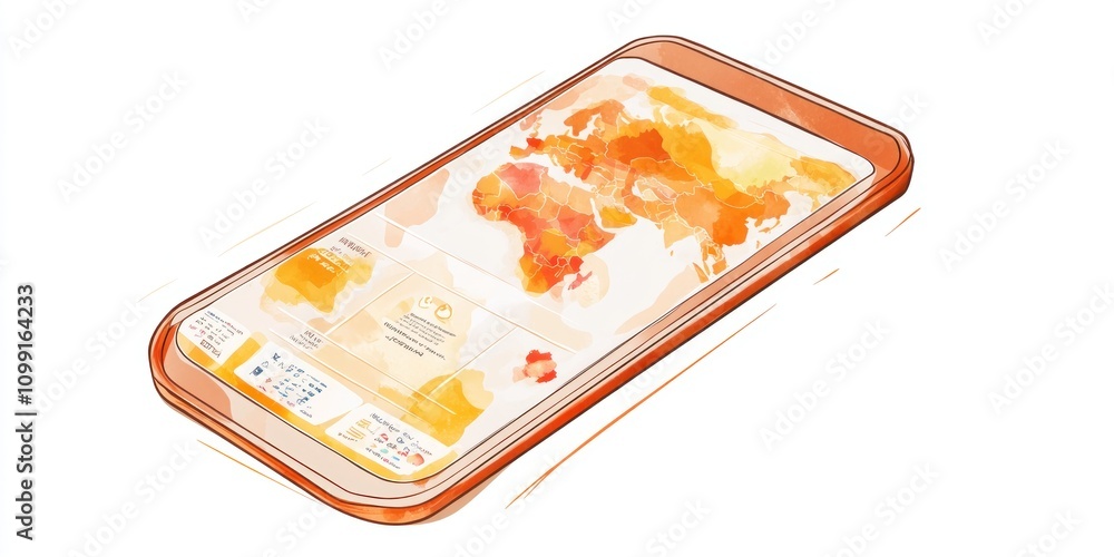 Aufkleber a smartphone displaying a colorful world map, likely for data visualization or travel.