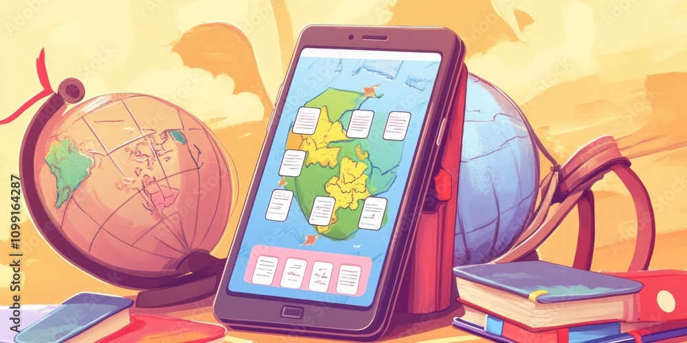 Poster a digital tablet displaying an interactive map of africa, surrounded by globes and books.