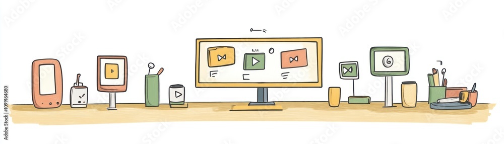 Aufkleber a digital workspace featuring various devices and tools for video content creation.
