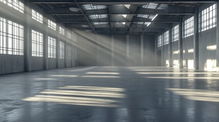 Obraz premium A spacious industrial interior with natural light filtering through large windows.