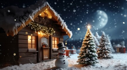 Obraz premium Winter background. Christmas card with Christmas tree on night snowy background. Christmas greeting card.