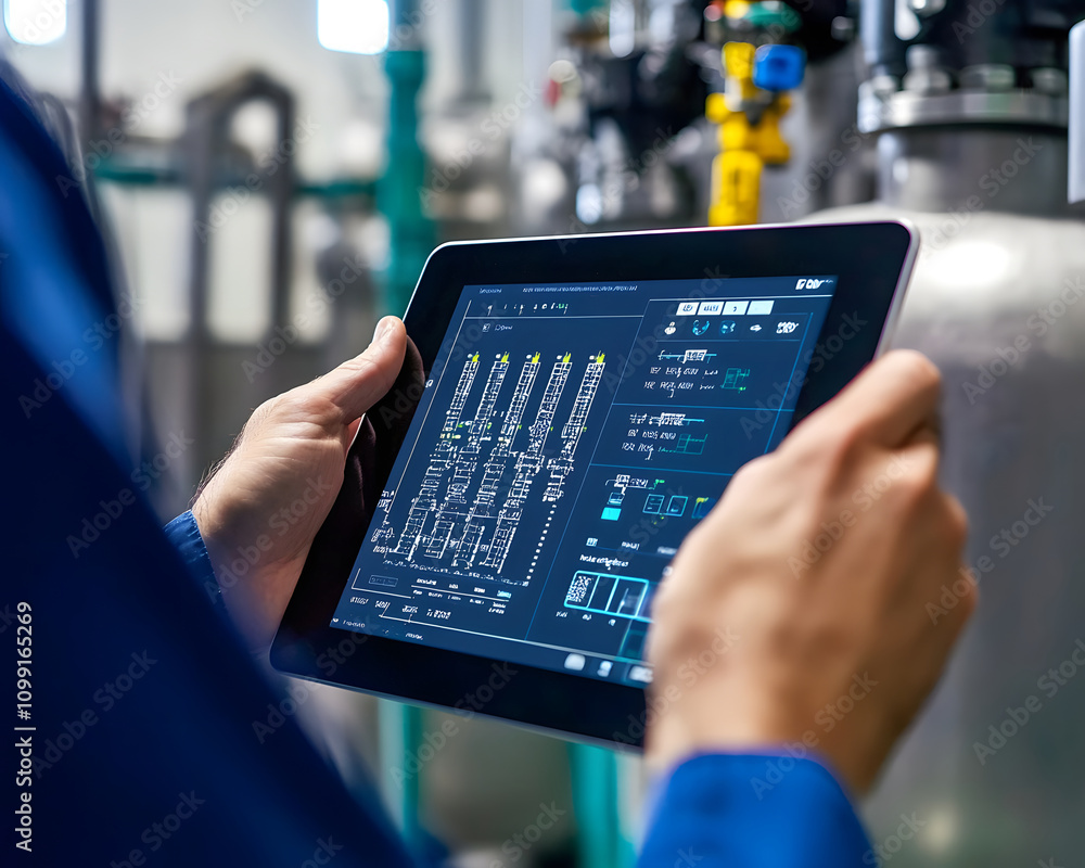 Poster a technician monitors industrial processes using a tablet interface in a facility.