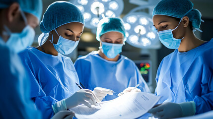 Surgeons in an operating room focused on performing a complex medical procedure under bright surgical lights.
