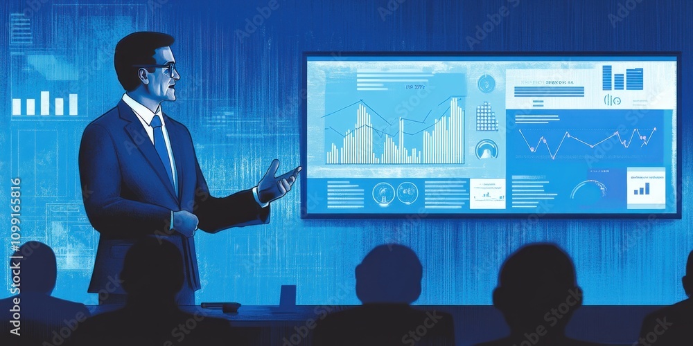 Poster a professional presenting data analytics on a screen to an audience.