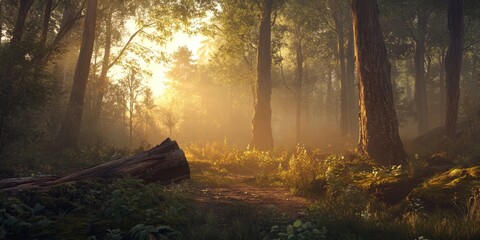 A dense forest with towering pine trees, illuminated by soft golden sunlight filtering through morning mist. The scene captures dew-covered leaves and fallen logs overgrown with moss