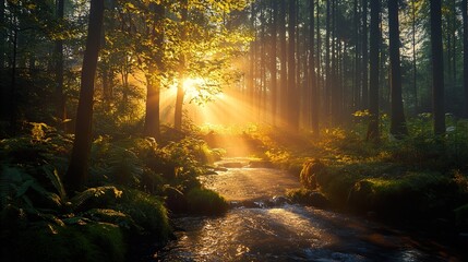 Obraz premium Sunlit Forest River: A Magical Landscape Photography