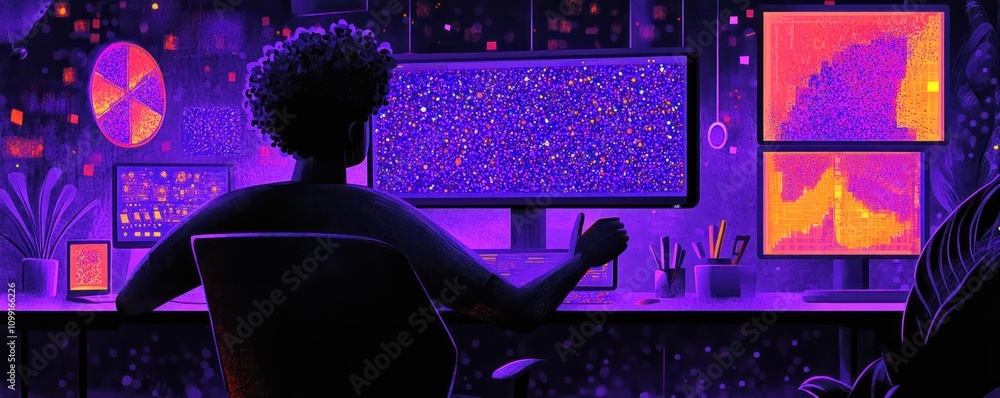 Aufkleber a person analyzes data on multiple screens in a vibrant, tech-inspired workspace.
