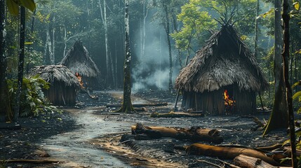 A burned out and pillaged thatch hut village in the middle of a forest.